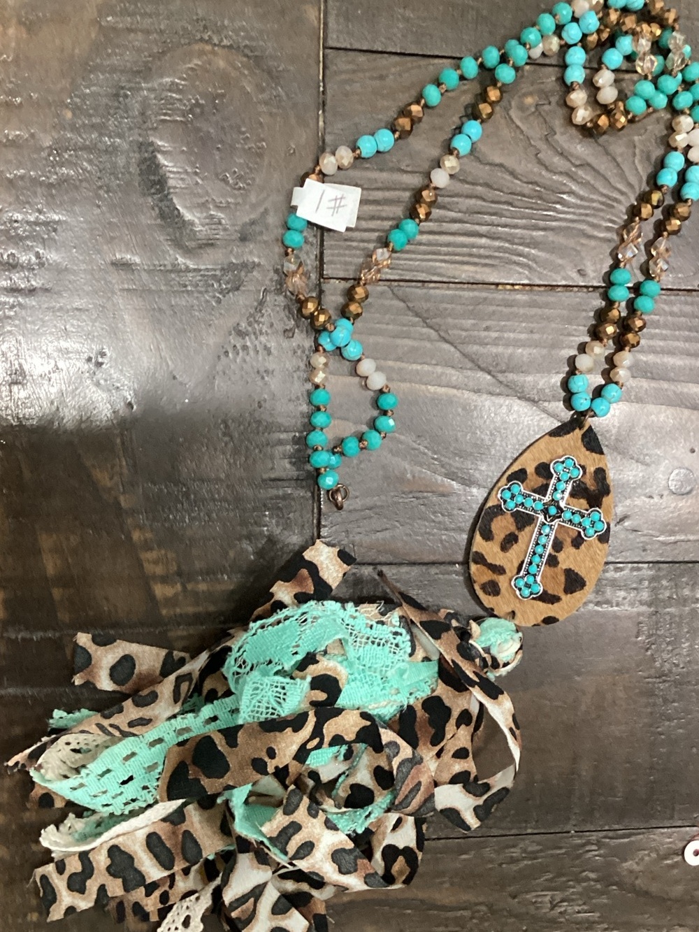 Turquoise Beaded Leopard Print Tassel Necklace with Cross Pendant